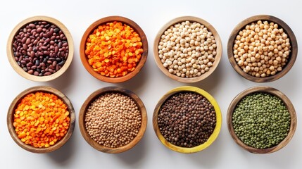 Culinary advertisement of high-fiber legumes, lentils, chickpeas, and beans, beautifully arranged, promoting health benefits, isolated backdrop