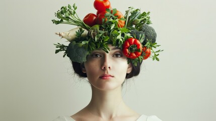 A minimalist portrait of a woman, her head artistically replaced with a neatly organized vegetable brain, emphasizing mental order - 796054543