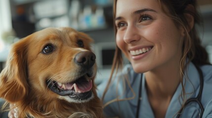 A young female veterinarian is all smiles with a joyful Golden Retriever in a candid moment of shared happiness at a vet clinic.