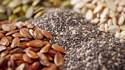 Obraz premium Close-up of a nutritious seed mix including chia, flax, pumpkin, sunflower, and sesame, essential nutrients highlighted, studio lighting