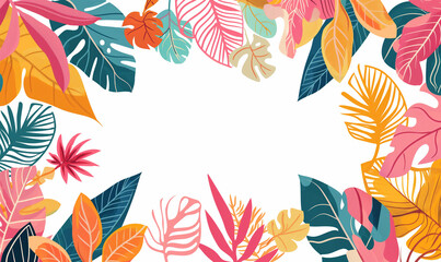 A vibrant and colorful vector illustration of various tropical leaves forming an empty frame on a white background, perfect for adding text or design elements to the center