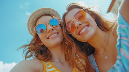 A pair of young girls using their smartphones to take self-portrait selfies.Female displaying cheerful facial feelings