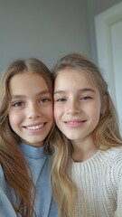 A pair of young girls using their smartphones to take self-portrait selfies.Female displaying cheerful facial feelings