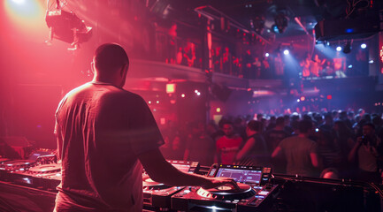 DJ is playing modern electronic music at a popular nightclub