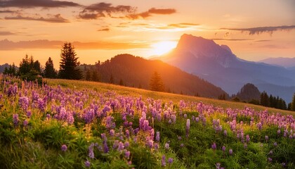 sunrise in the mountains,landscape, field, nature, sky, meadow, sunset, summer, flower, grass, sun