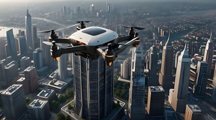 Autonomous driverless aerial vehicle fly across city .Generative AI
