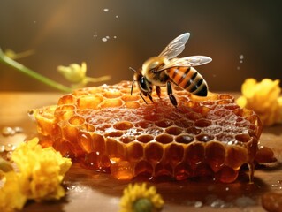 Bee is hovering over honeycomb - obrazy, fototapety, plakaty