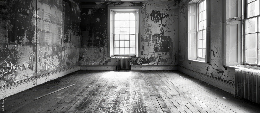 Canvas Prints Monochrome photo of a vacant room with hardwood flooring and windows