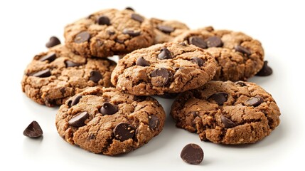 Artistic photo of homemade chocolate chip cookies, crafted with almond flour and high cocoa content chips, reduced sugar, top view, isolated backdrop