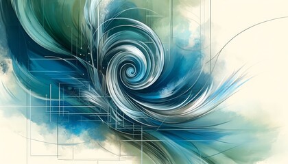 An modern artwork featuring swirling blue and green hues with subtle silver geometric lines - obrazy, fototapety, plakaty