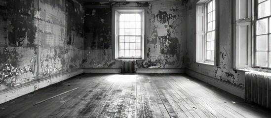 Monochrome photo of a vacant room with hardwood flooring and windows