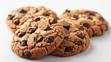 Artistic photo of homemade chocolate chip cookies, crafted with almond flour and high cocoa content chips, reduced sugar, top view, isolated backdrop