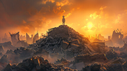 War, a child stands on a mountain of stones, there are destroyed houses around, the rising sun is visible on the horizon from behind the ruins