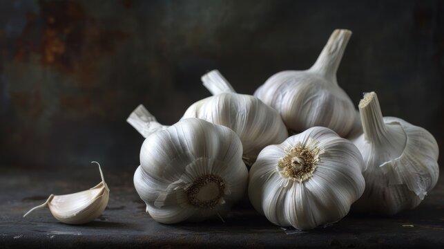 Artistic display of garlic with text on allicin benefits for immune support and heart health, clean isolated background, professional studio lighting