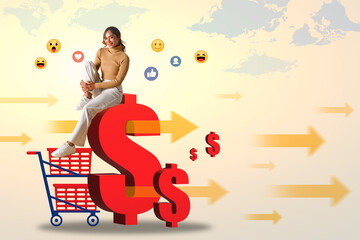 Attractive woman sitting on big dollar symbol with shopping cart. E-commerce and online shopping concept