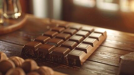 A luxurious artisan chocolate bar lies partially unwrapped on a rustic wooden table, with a soft glow highlighting its rich texture. - obrazy, fototapety, plakaty