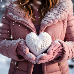 female hands in knitted mittens with heart of snow in  winter day love concept valentine day back,A woman holds a knitted heart in her hands. Selective focus. Winter. generate ai
