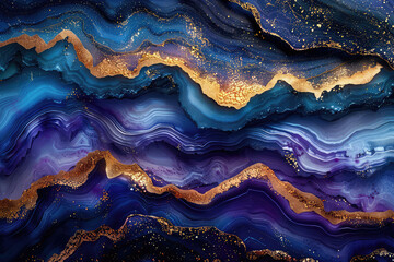 Abstract Blue and Purple Artwork with Gold Accents, featuring flowing lines of blue agate patterns with golden accents on dark purple background. Created with Ai