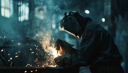 Close up portrait view of professional mask protected welder man in uniform working on the metal sculpture at the table in the industrial fabric workshop in front of few other workers.