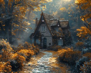 A humble cottage nestled in a magical forest, where two lovers find solace and peace in each others arms