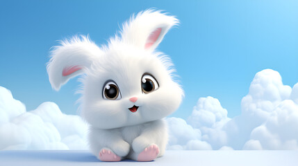 a cute white fluffy easter bunny sweet pet on the blue and cloudy sky background - obrazy, fototapety, plakaty