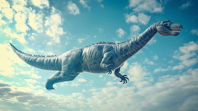 A giant inflatable dinosaur floating in the sky