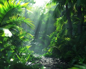 The interplay of light and shadow in a dense tropical jungle under the blazing heat of the sun