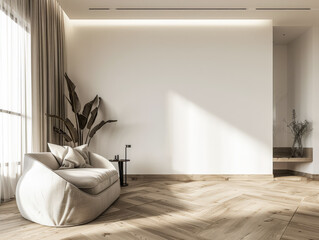 Contemporary minimalist empty room with natural lighting coming from a window. Interior design composition with copyspace in natural color.