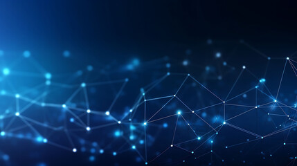 Abstract concepts of cybersecurity technology and digital data protection. Protect internet network connection with polygons, dots and lines with dark blue background, center focus, side blur