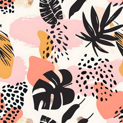 Abstract tropical leaves, grunge leopard camouflage background. Trendy seamless pattern of palm leaves, animal skin print in neutral pastel colors. Art for surface design, fabric, wallpaper