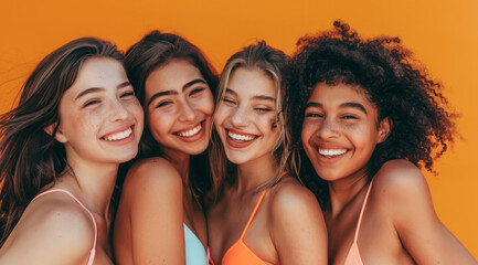 Fototapeta premium A group of pretty and attractive diverse young women are smiling for a photo in bikini