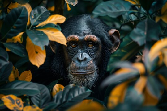 A chimpanzee in the jungle. A beautiful photo of a monkey in the wild