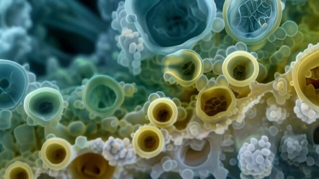 An electron microscope image of a euglenoid colony revealing the intricate internal structure of the cells and their tightly packed . AI generation.