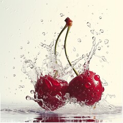 A pair of cherries falling into clear water, captured as they make a lively and refreshing splash, against a light background. - obrazy, fototapety, plakaty