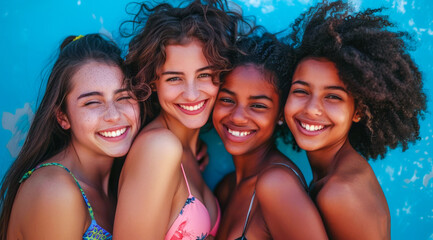 A group of pretty and attractive diverse young women are smiling for a photo in bikini