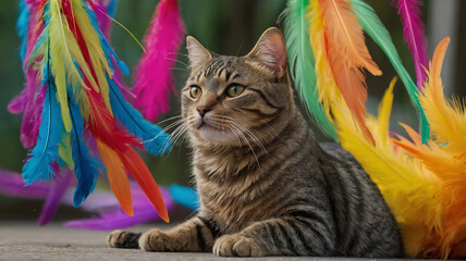 A playful tabby cat batting at a colorful array of feathers dangling from a string2. Generated AI.
