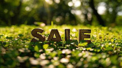 the inscription SALE on the lawn with a blurred background. The concept of advertising sales of garden goods - obrazy, fototapety, plakaty