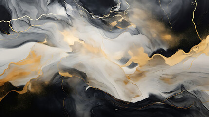 Luxury abstract fluid art painting in alcohol ink technique, mixture of black, gray and gold paints