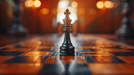 A detailed chessboard with the king piece standing, strategic and intellectual theme, dark wood and focused lighting - obrazy, fototapety, plakaty