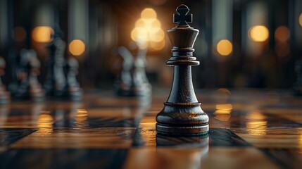 A detailed chessboard with the king piece standing, strategic and intellectual theme, dark wood and focused lighting - obrazy, fototapety, plakaty