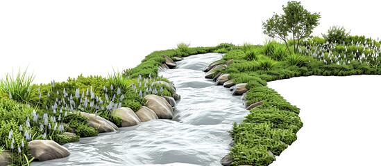 Flowing river of bluegrass mimicking water movement through a serene garden setting, providing a calming visual flow, isolated on transparent background