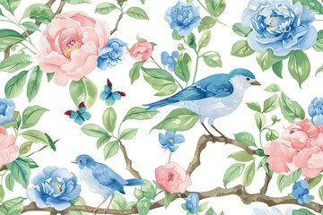 Seamless vintage watercolor with peonies and birds. - obrazy, fototapety, plakaty