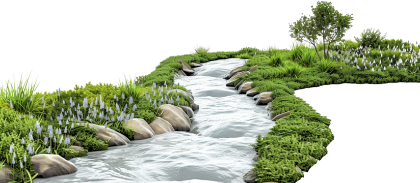 Flowing river of bluegrass mimicking water movement through a serene garden setting, providing a calming visual flow, isolated on transparent background