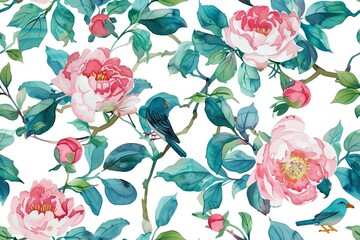 Seamless vintage watercolor with peonies and birds. - obrazy, fototapety, plakaty