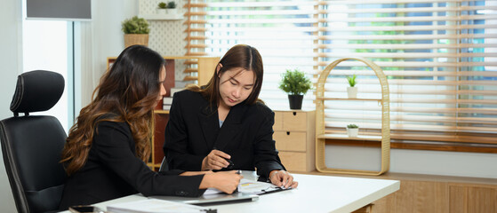 Professional businesswomen discussing financial accounting papers at co working space