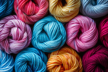 A cozy cluster of vibrant yarn arranged in an eyecatching pattern - obrazy, fototapety, plakaty