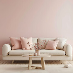 Scandinavian style interior with sofa and coffe table. Empty wall mock up in minimalist interior with pastel colors.