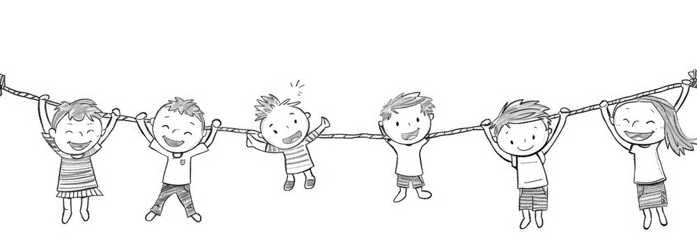 A row of cartoon children hanging on a line. The drawing style is simple with a white background and thick black lines drawn with two pencils in the style of vector illustration