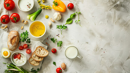 The nutritious breakfast scene combines milk, bread and vegetables, using minimalist food photography to showcase the aesthetics of healthy life in simplicity.