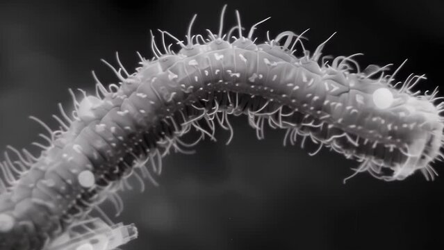 A black and white electron microscope image of a single nematode highlighting the intricate details of its segmented body and its . AI generation.